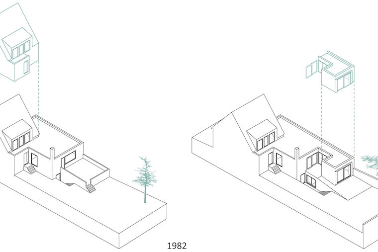 Das Anfang der 1950er-Jahre als sogenanntes „Holzbehelfsheim“ errichtete, in den 1980er-Jahren mit einem Satteldach aufgestockte Haus wurde in zwei Umbauphasen veränderten Raumbedürfnisse angepasst. Architektur + Grafik: rethmeierschlaich architekten