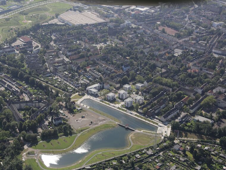 Luftaufnahme vom Uferviertel und Krupp Park. Foto: Allbau GmbH