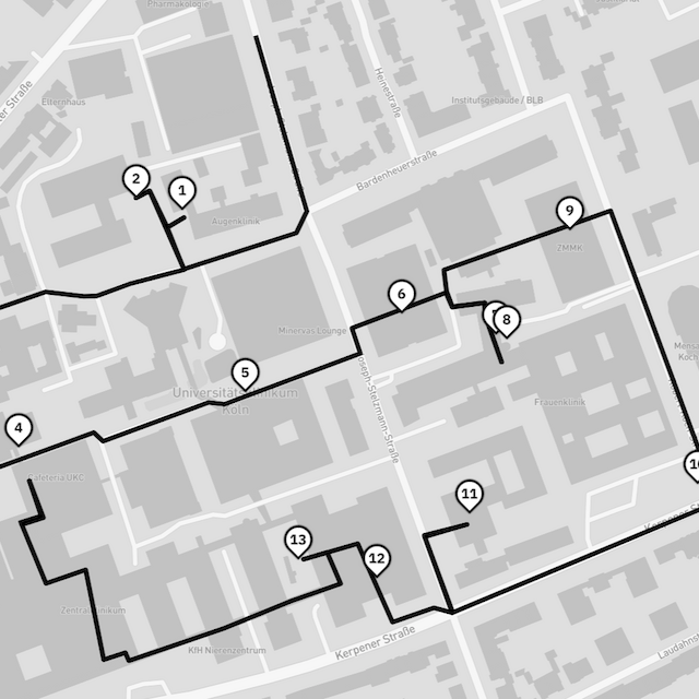 Streckenverlauf der neuen, erweiterten Kunst-und-Bau-Tour an der Uni Köln.