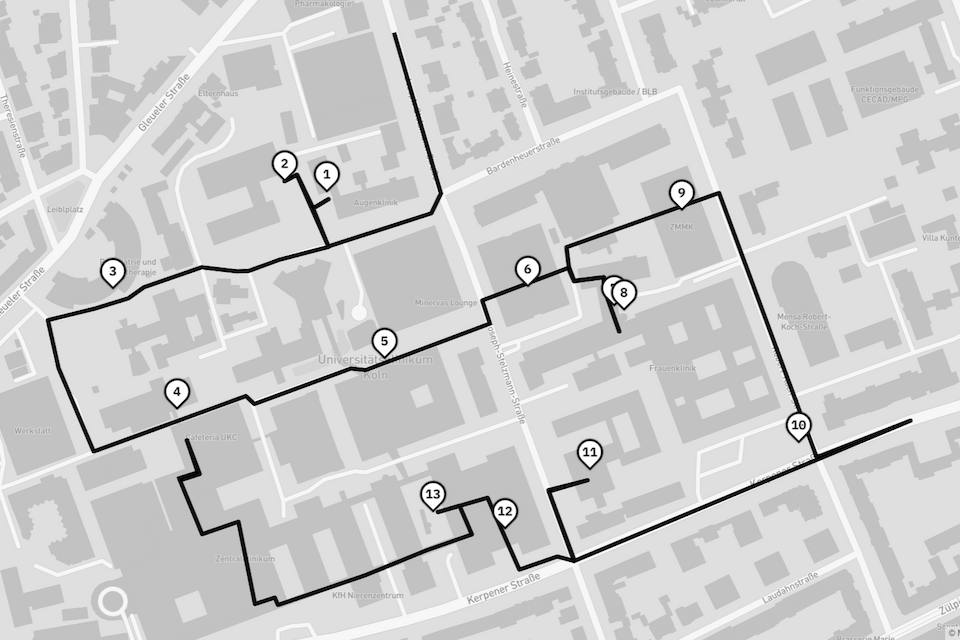 Streckenverlauf der neuen, erweiterten Kunst-und-Bau-Tour an der Uni Köln.