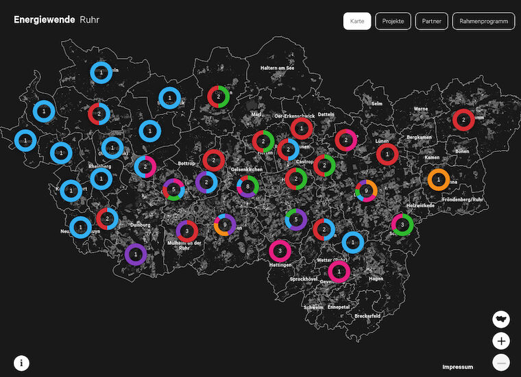 Screenshot der Energiewendelandkarte Ruhr. Karte des Fachgebiets Städtebau, Stadtgestaltung und Bauleitplanung, Fakultät Raumplanung, Technische Universität Dortmund