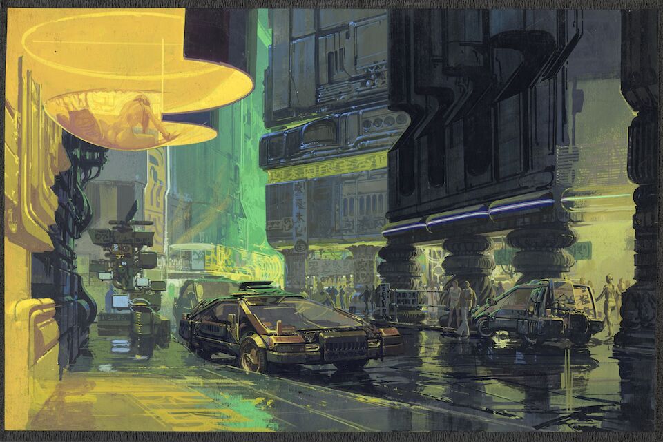 Skizzen der Downtown-Cityscape in Blade Runner (1982). Zu sehen in der Ausstellung SYD MEAD – FUTURE CITIES im O&O Depot, Berlin