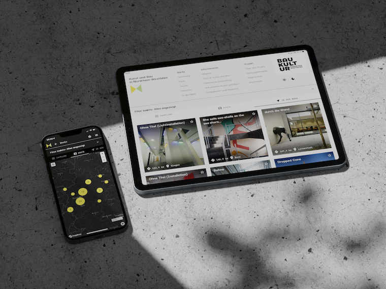 Bequem auf Smartphone und Tablet zu benutzen: die Web-App zu Kunst und Bau: www.kunstundbau.nrw Foto und Gestaltung: schunck dölker