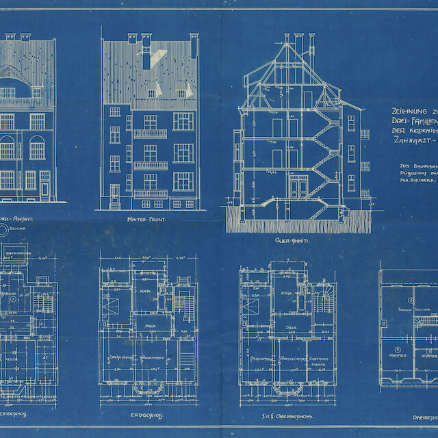 Plan von Therese Mogger für den Neubau eines Dreifamilienhauses an der Keldenichstraße in Düsseldorf für den Zahnarzt Rose im Jahr 1912.