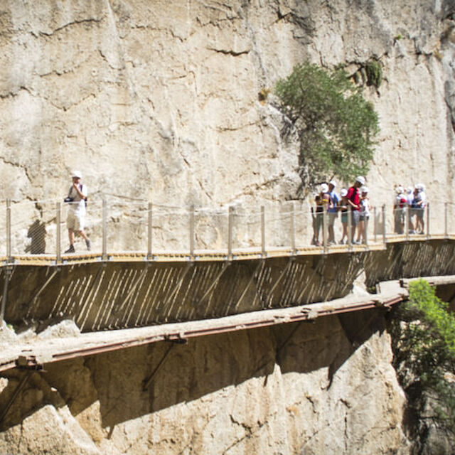 Auf dem Foto ist ein Teil des Caminito del Rey zu sehen, auf dem Menschen auf einer Holzweg eng an einer Felswand laufen.
