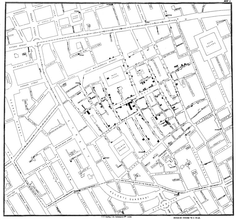 Karte von London mit markierten Wasserquellen, die Cholera verbreiten. Foto: Original map made by John Snow in 1854 [Public domain], via Wikimedia Commons